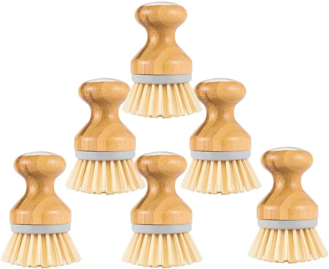 Umikk 6PCS Bamboo Round Mini Palm Scrub Brush， Pot Brushes Dish Scrubber for Cast Iron Skillet, Kitchen Sink, Bathroom, Household Cleaning