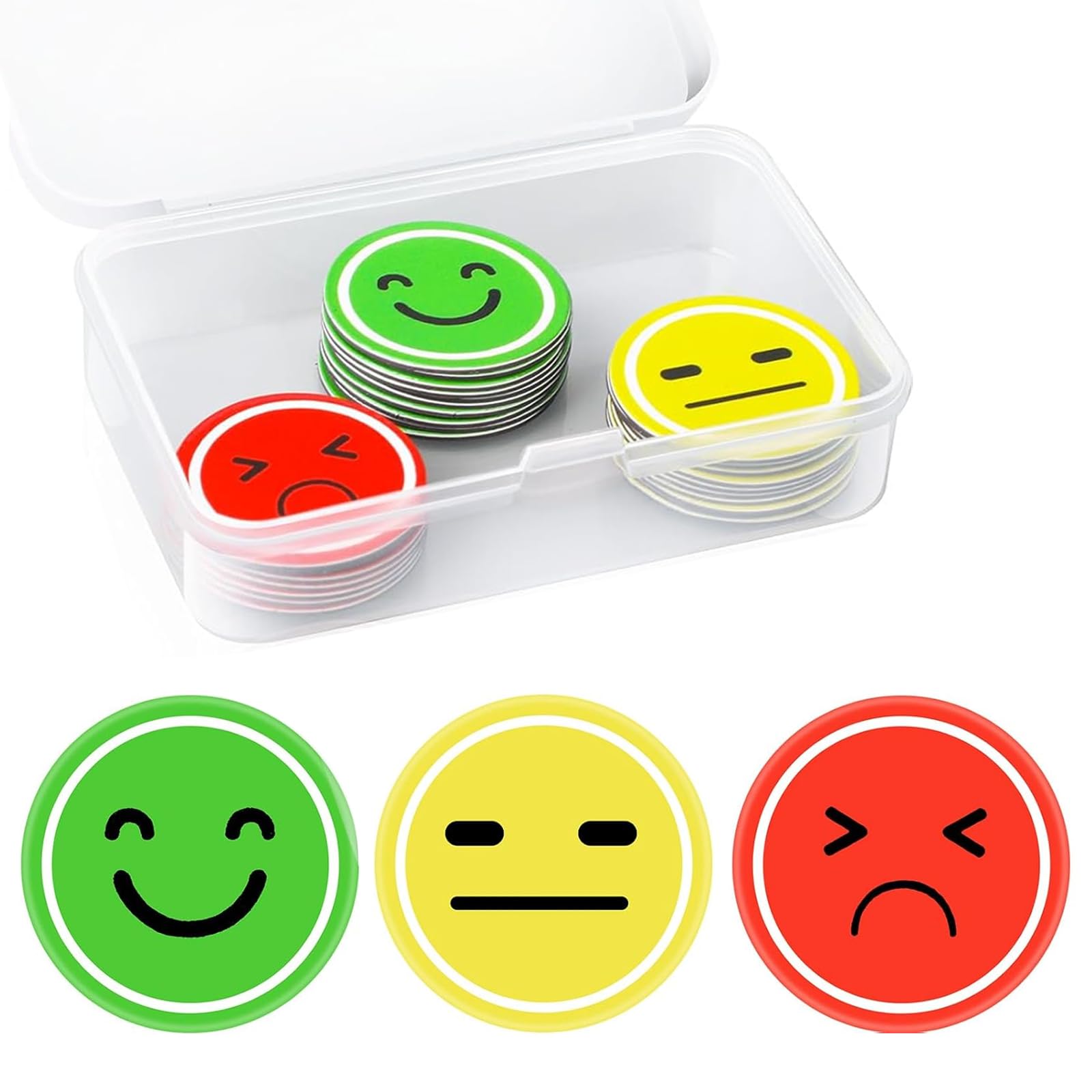 30 sztuk okrągłych magnesów Smileys ø 2,5 cm śmieszne kolorowe magnesy emotikony magnesy na lodówkę dla dzieci z pudełkiem do przechowywania nastroju, grafiki nagrody, do tablic klasowych biur