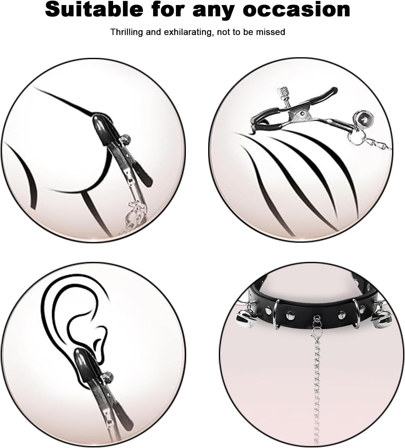 Nipple Clamps Set with Collar & Leash for Couples | Adjustable metal clamps, silicone tips for comfort, choker collar with leash, detachable chain, sensory play kit for couples