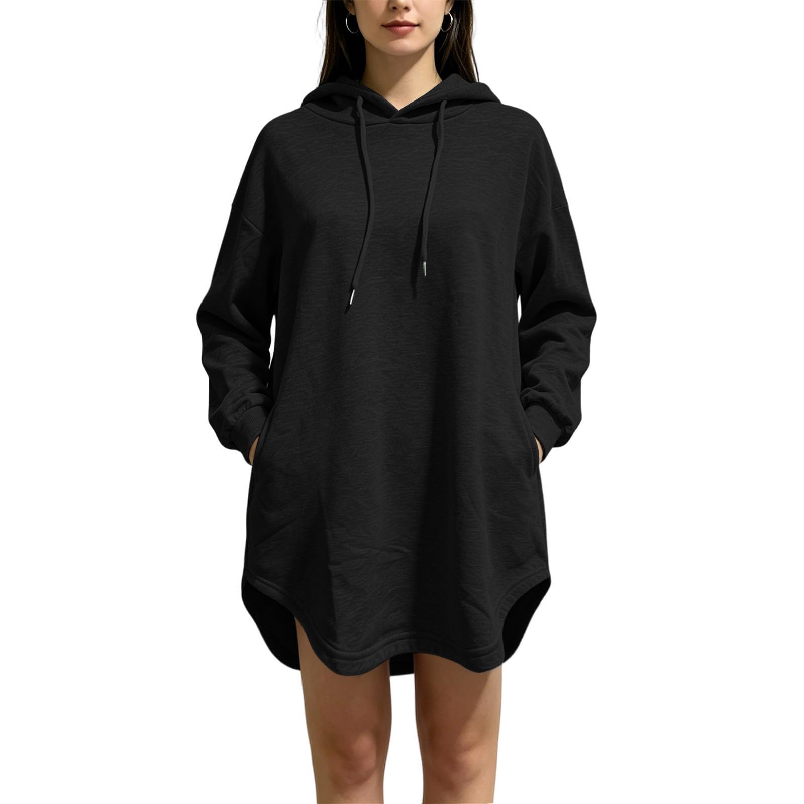 Générique Sweat Oversize Femme Grande Taille Robe Sweats Longue Décontracté Sweatshirt avec Capuche Chic Hoodie Automne Sport Couleur Unie Hoody Hiver avec Poches Leger Vêtements