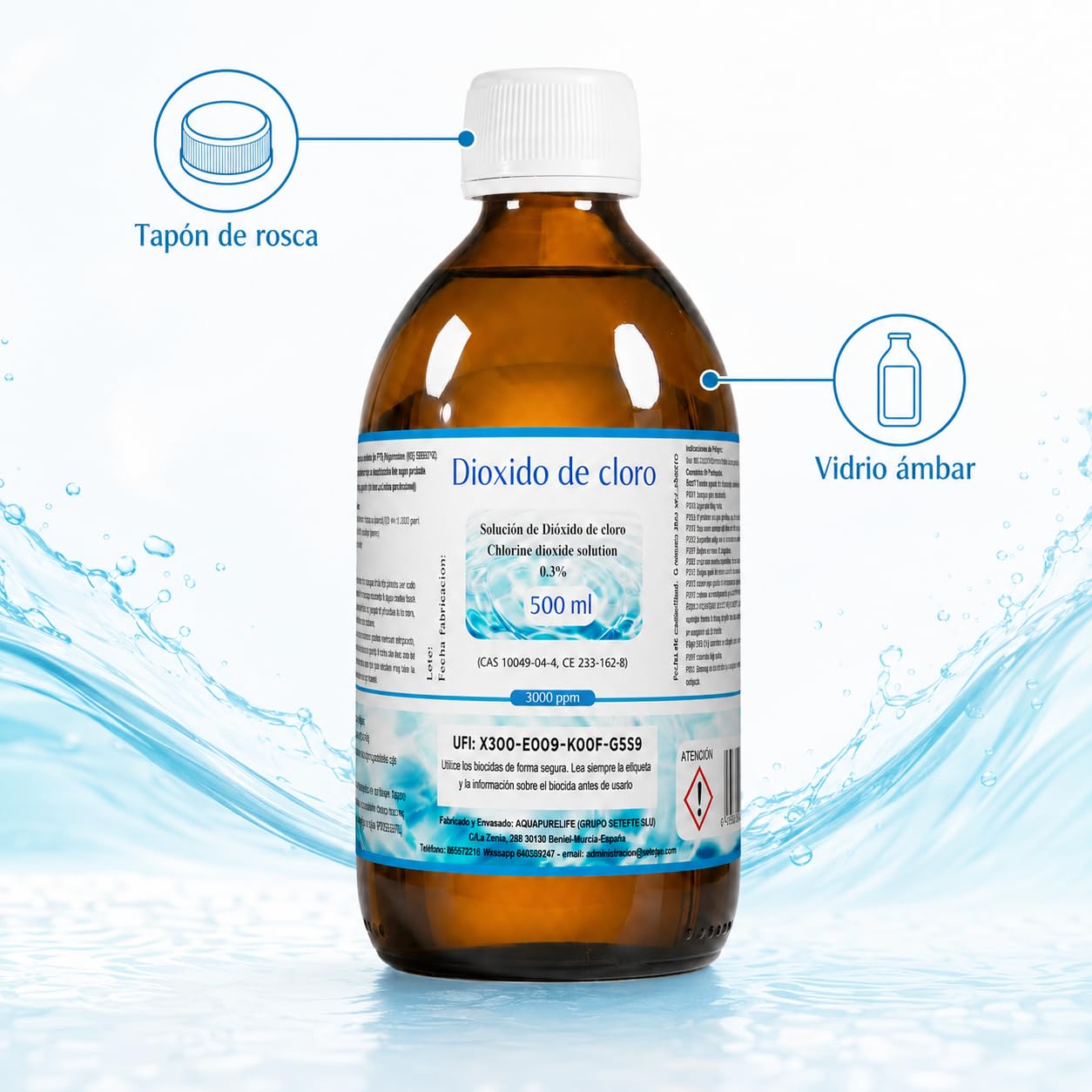 Dioxido de Cloro 3000ppm - CDS 0,3% - Envasado en Botella Cristal Ambar - Fabricado en España (500ml)