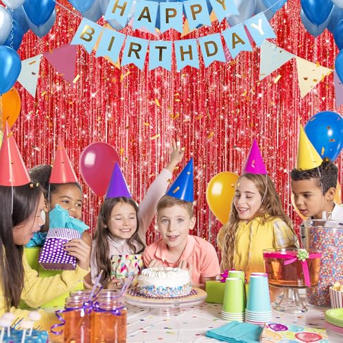 Image of Crosize 3 Pack 3.3 x 9.9 ft Laser Red Foil Fringe Curtains Party Decorations, Laser Red Tinsel Curtain Backdrop for Parties, Door Streamers, Glitter Streamer Backdrop for Birthday Decoration