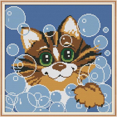 Image of JOYSEWING Cat Bathing Counted Printed Cross Stitch Kits Classic Series Stamped Embroidery Starter Sets for Beginners DIY Bathroom Decoration DMC 11CT- (Bubble Cat(11CT) 15.35 x15.35 inches)