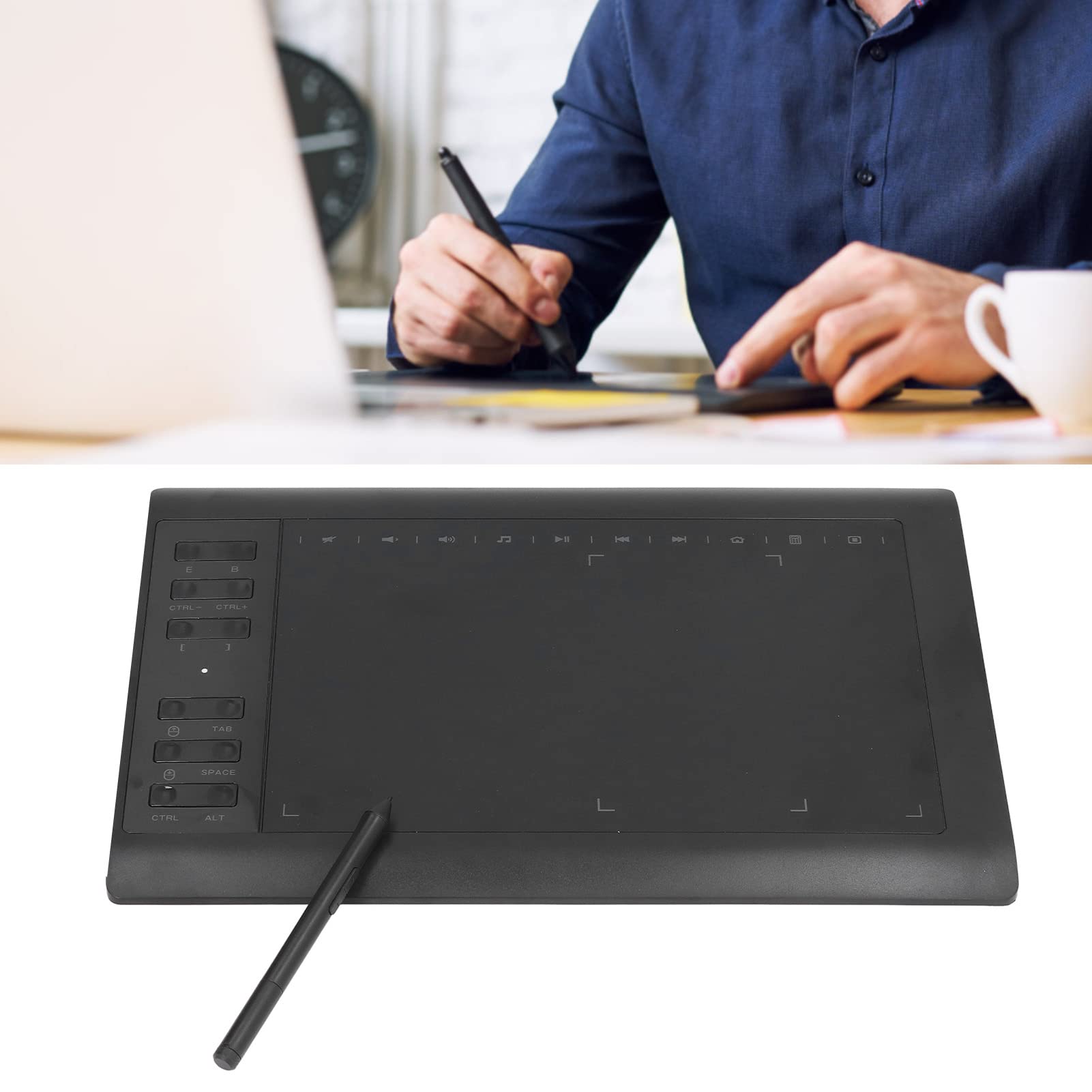 Tableta de dibujo gráfico, lápiz óptico pasivo de 233PPS 5080LPI 8192 nivel para computadora portátil de escritorio teléfono móvil(Negro)