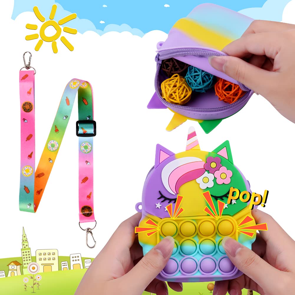 Ainiv Pop Push It dla dziecka, 2 w 1, Fidget Toys, torba na ramię z regulowanym paskiem, z motywem jednorożca, zabawka antystresowa
