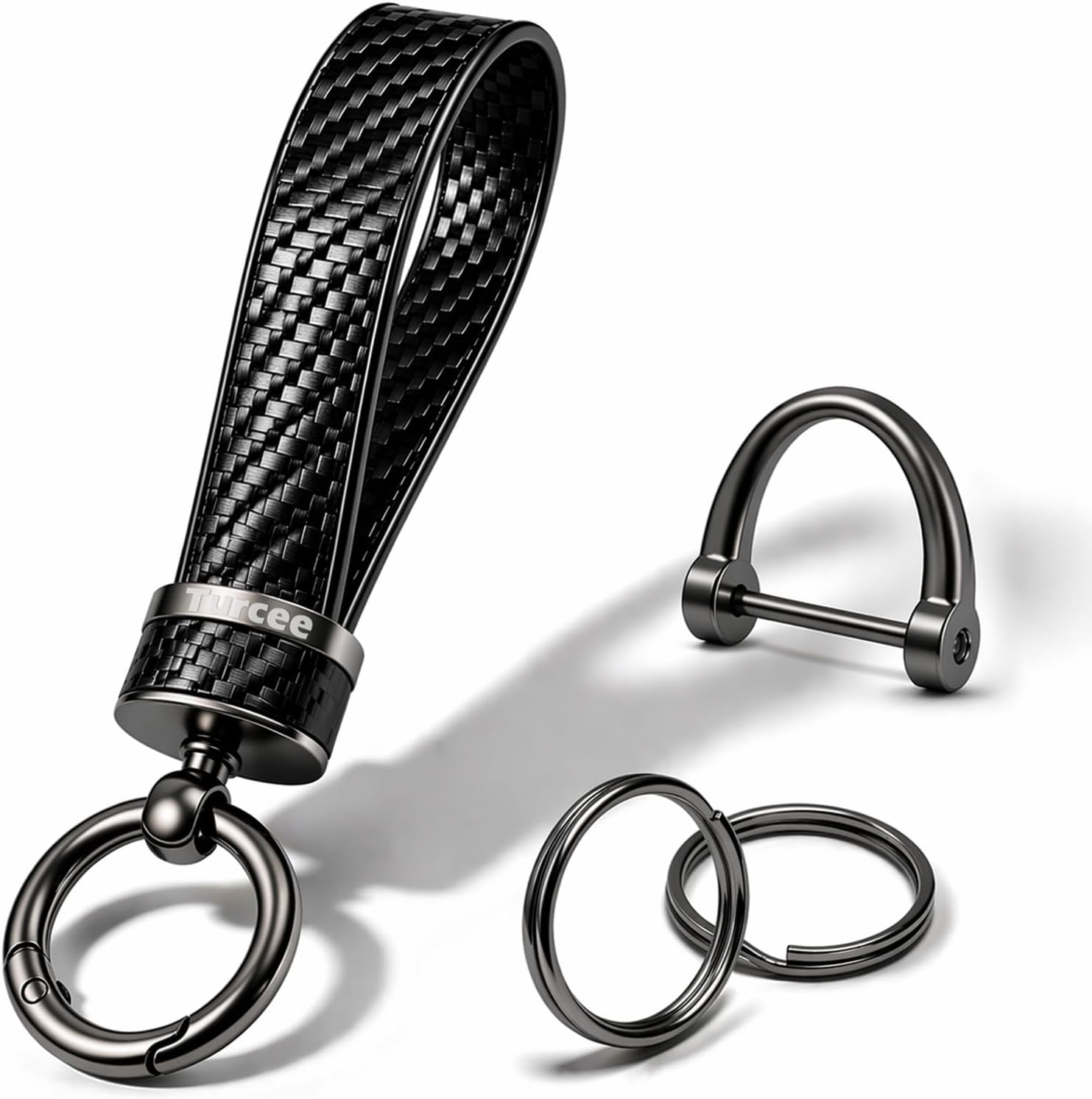Turcee Leather Car Keychain - Carbon Fiber Interior Key Fob with Anti-Lost D-Ring - Car Accessory Key Ring (Black)