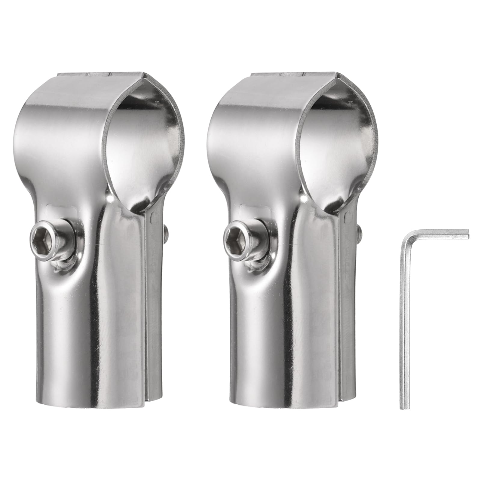 uxcell 2Pcs 180 Degree Structural Pipe Connectors 2 Way End Rails Clamp with Wrench Stainless Steel Corner Pipe Fittings for DIY Shelf Garden Support 1" Fit Pipe Dia, Silvery
