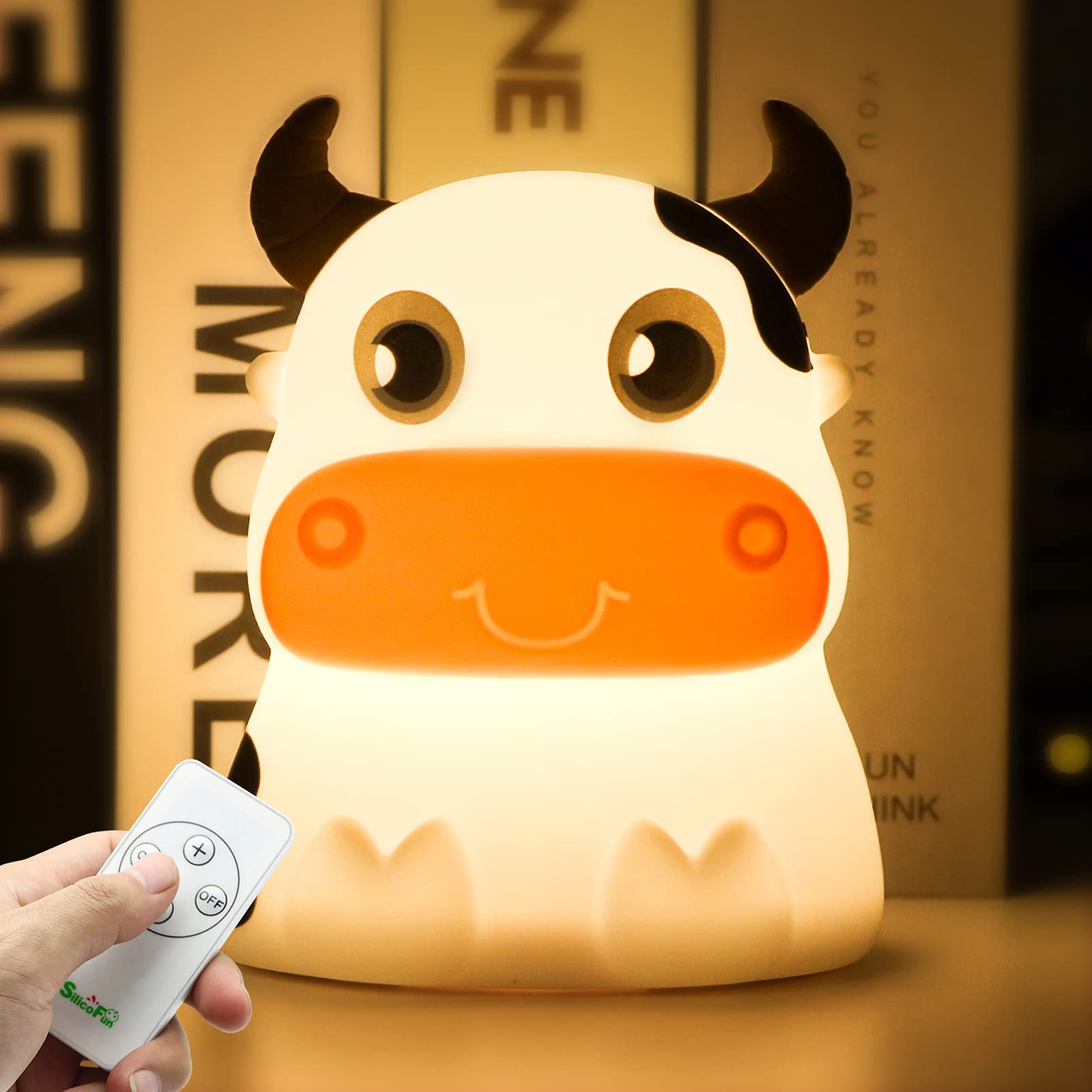 AVEKI Night Light for Kids, Portable Tap Control Rechargeable Nightlight Lamp, Color Changing, Remote Control Silicone Cute Animal Cow Night Lamp
