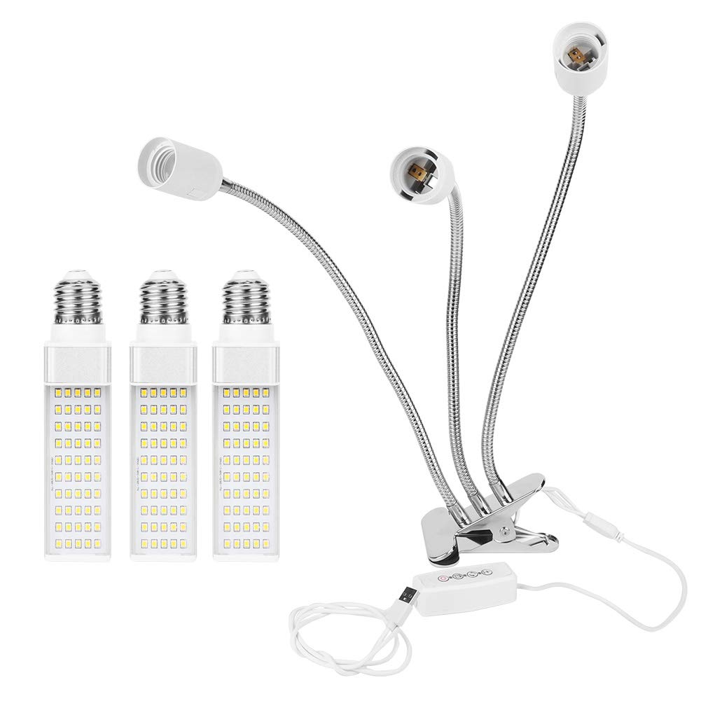 LED Grow Light para planta interior, lámpara de espectro completa de base E27, diseño de cuello de cisne de 3 cabezas, 75W USB con plantas hidropónicas