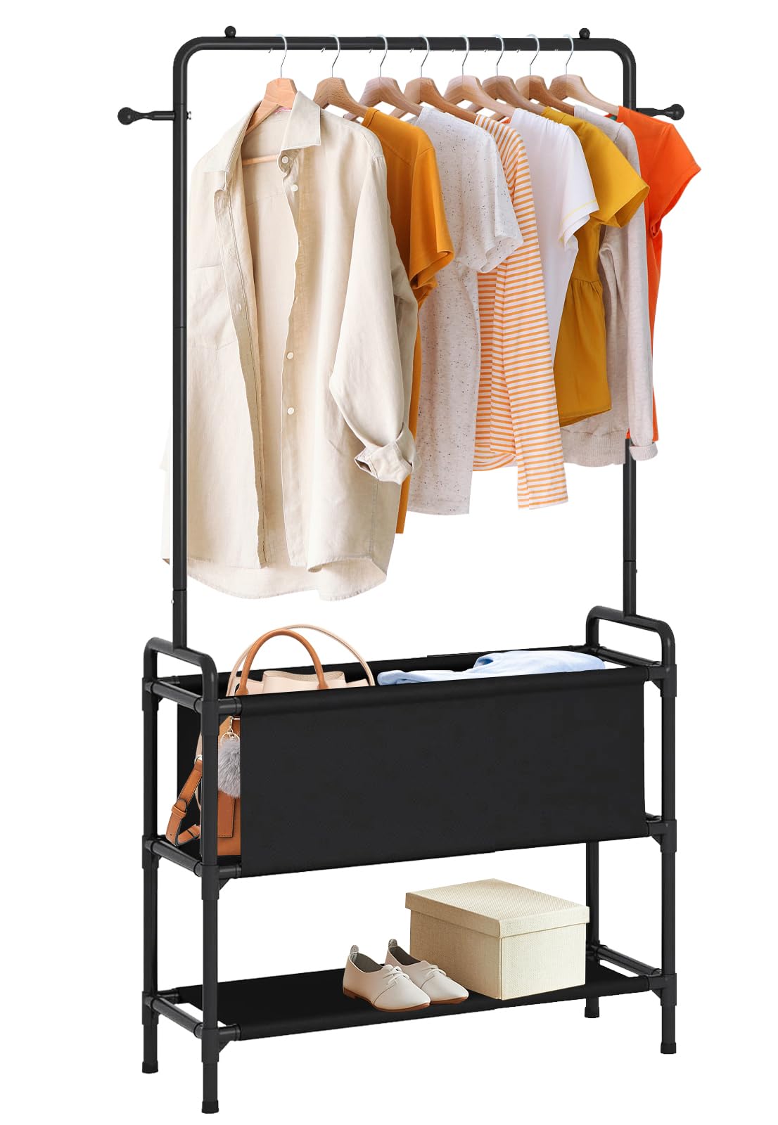 GzsekkenClothes Rack with Storage Bag, 3-in-1 Clothes Rack, Multifunctional Coat Stand with Hooks, Suitable for Bedroom and Living Room, Black