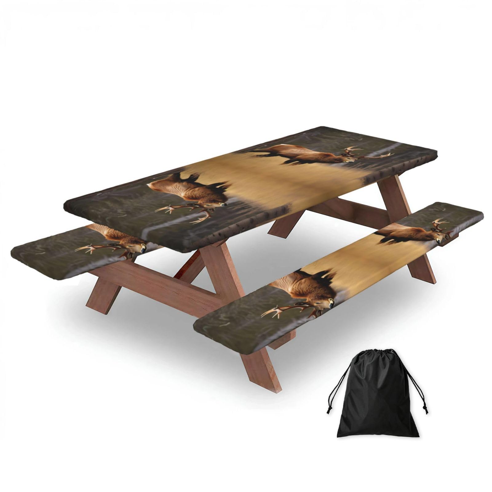 Zyjhyy Black Wildlife Deer Bear Elk Print 3 Pack Wipeable Picnic Bench Cover And Table Cover Lightweight Table Cloth For Camping Outdoor