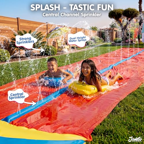 Image of JAMBO 32FT Extra Extra Long Slip Splash and Slide, 2 Bodyboards, Heavy Duty Water Slide with Inflatable Crash Pad, Double Lane Slip Slides, Outdoor Backyard Water Slides n Toys for Kids