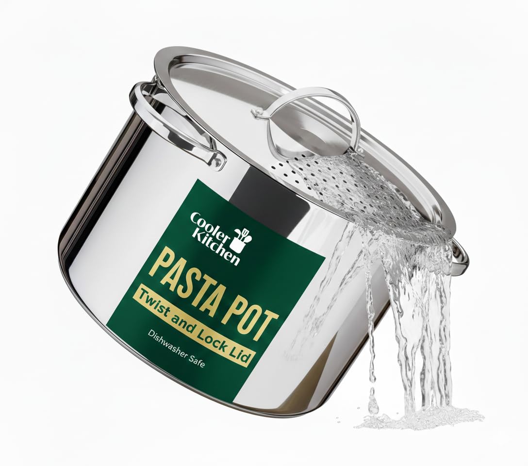 Stainless Steel Pasta Pot with Strainer Lid — 5.5 Qt Large Capacity Spaghetti Pot with Twist Lock Lid — Deep Cooking and Stock Pots for Boiling, Dishwasher Safe By Cooler Concepts