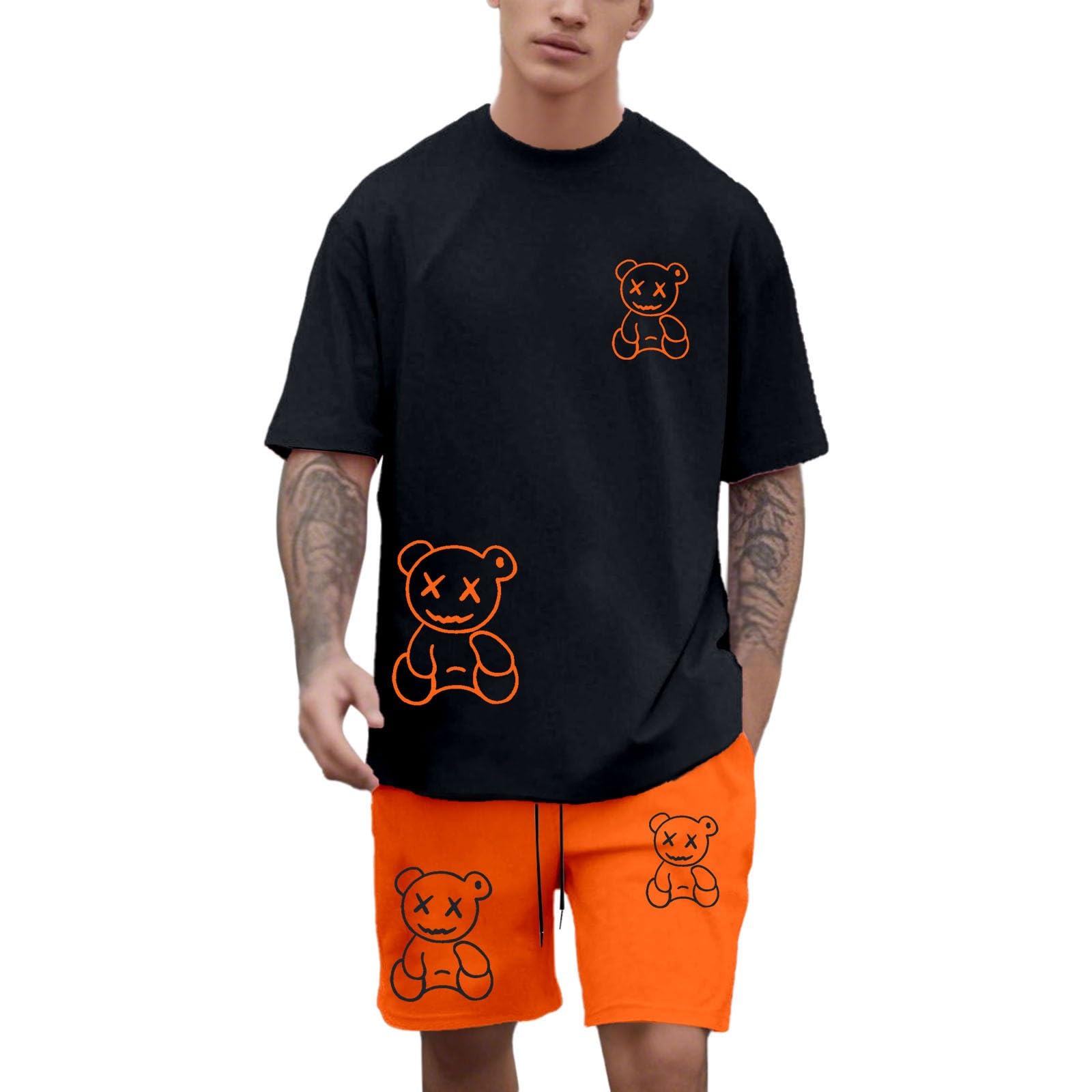 Tuta da uomo a due pezzi divertente con stampa a orsetti, pigiama estivo corto con scollo rotondo, maglietta e pantaloncini, tuta per attività all'aria aperta, stile hip hop