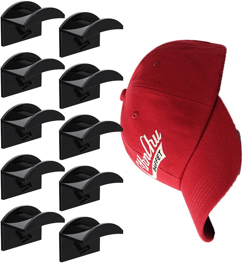 YNHIAG Adhesive Hat Hooks for Wall- Minimalist Hat Rack Design, No Drilling, Strong Hold Hat Hangers for prevent the hat from being damaged. - Black (10-Pack)