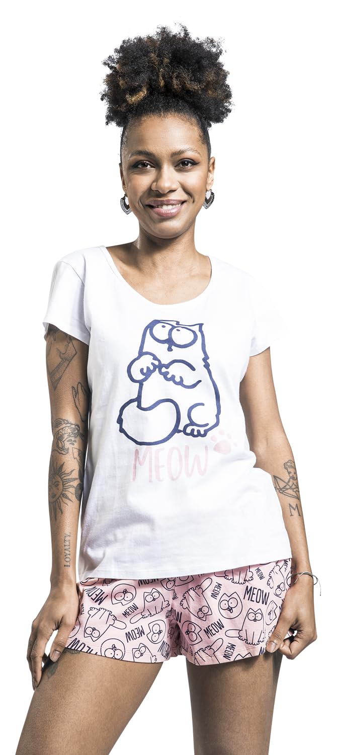 Simon' s Cat Meow Donna Pigiama Bianco/Rosa 100% Cotone