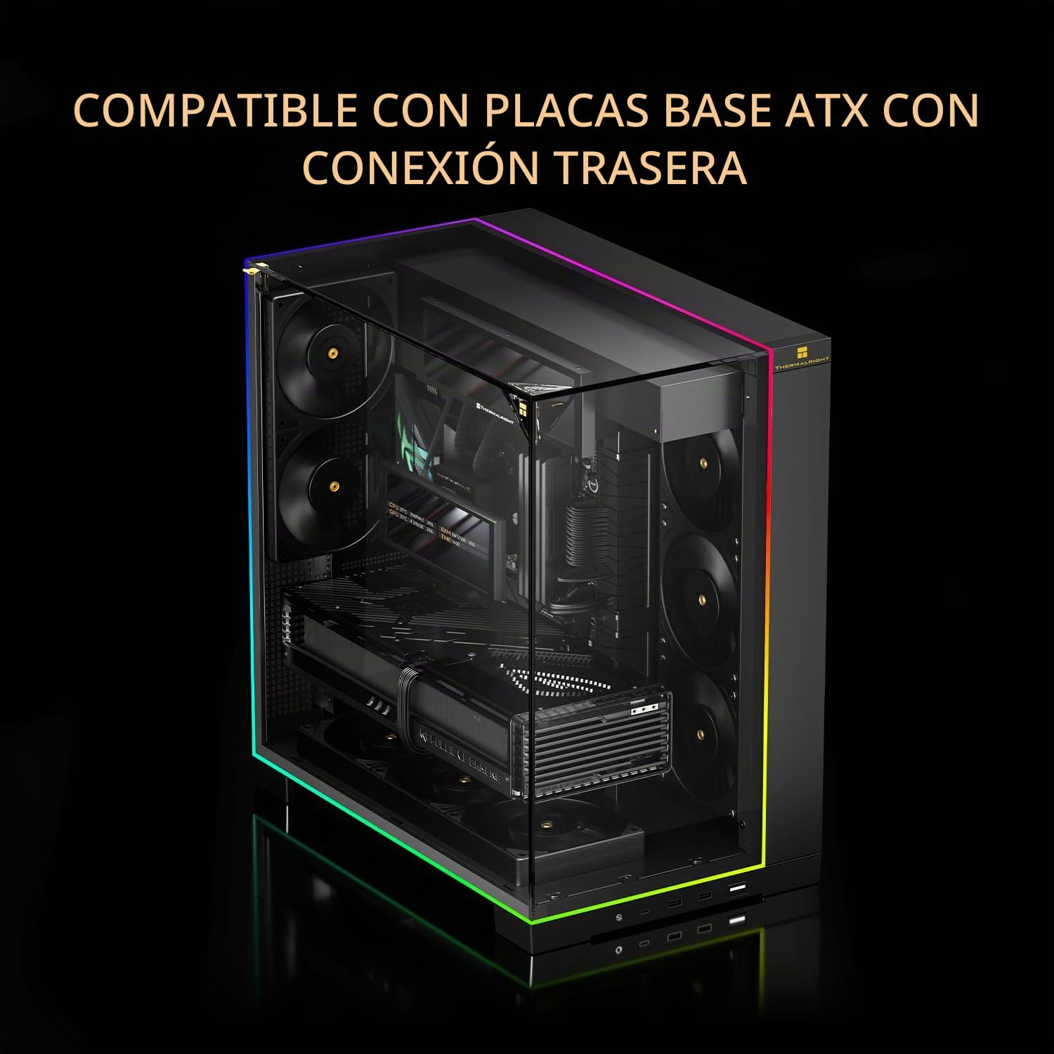 Thermalright Caja para PC A70 ARGB, Cristal Templado panorámico de 270°, Carcasa ATX Mid Tower, Compatible con Placa Base ATX/GPU de 420 mm, Oculta, Color Negro, con Barra de luz ARGB