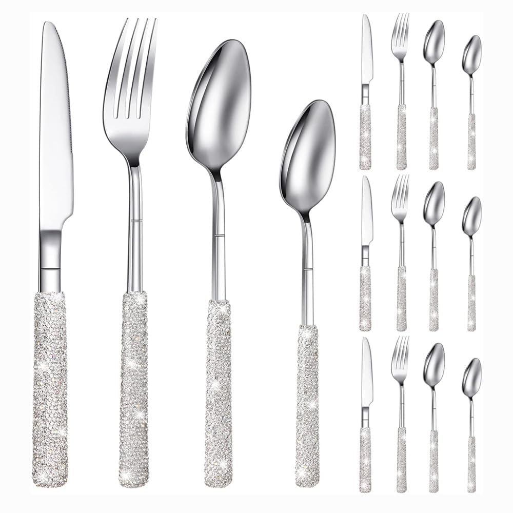 Maniglia Con Intarsio Diamantato Cucina Acciaio Inossidabile Posate Stoviglie Posate Set Coltello Da Bistecca Forchetta Cucchiaio Cucchiaino (Bianco Argento,16 pezzi)