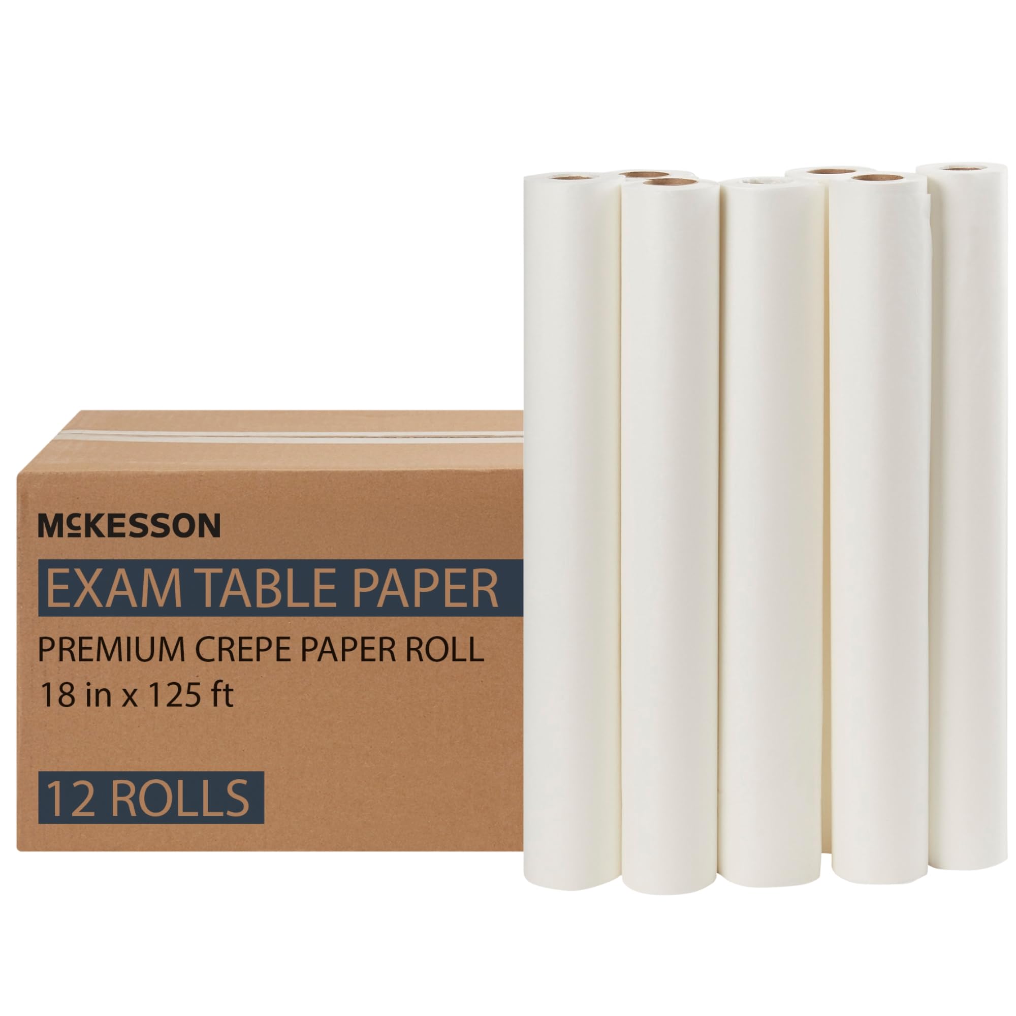 McKesson Medical Exam Table Paper [12 Rolls] - Bed Table Sheet Cover Ideal for Diaper Changing, Waxing, Nursing, Chiropractor, Patternmaking, Tracing - Premium Crepe Paper Roll - White, 18 in x 125 ft