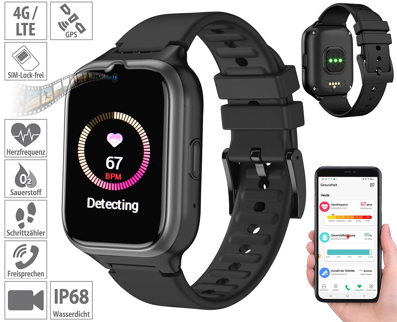 simvalley MOBILE Notruf Uhr mit SIM-Karte: 4G/LTE-Senioren-GPS-Handy-Uhr mit Garantruf Easy und Video-Telefonie (Senioren Smartwatch mit SIM-Karte, Handyuhren, Telefon)