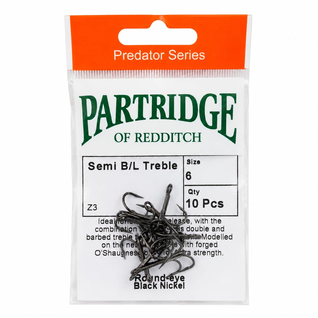 Partridge Predator Z3 Semi-Barbless Treble Hooks sizes 4, 6, 8 and 10. (#10)