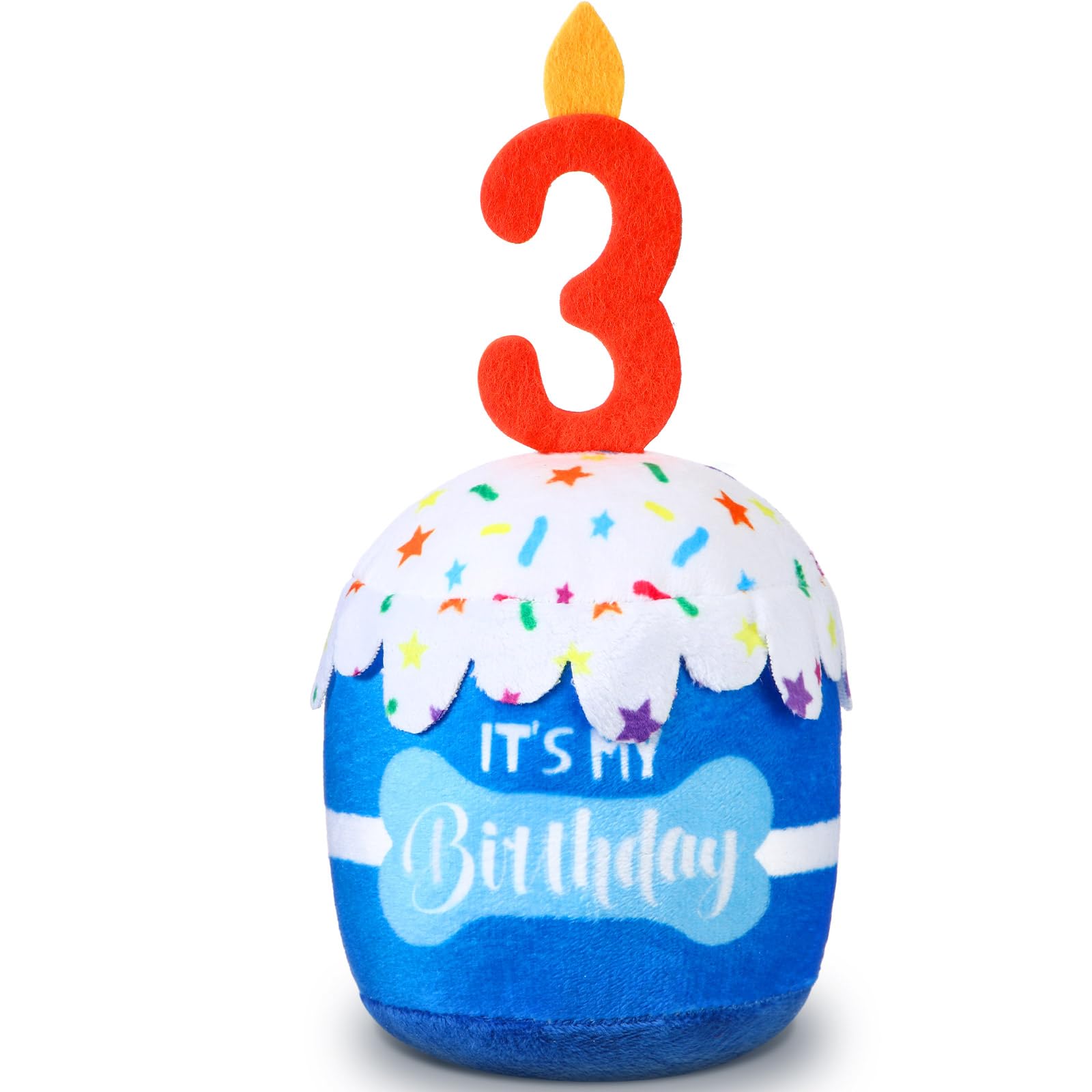 Dansydaisy Dog Birthday Cake Toy Squeaky Plush Gift,3rd,Blue