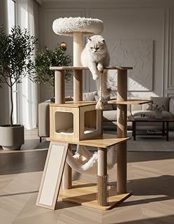 61" Modern Cat Tree Tower for Indoor Cats, Luxury Natural Wooden Tower with Plush Lounge, Hammock & Scratching Posts, Classic cat Furniture
