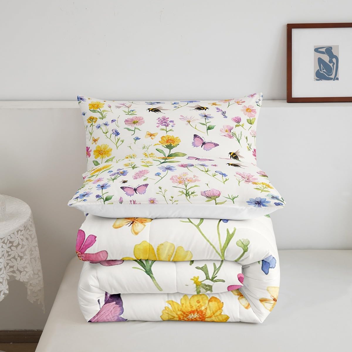 Manfei Flowers Bedding Set Queen Size Rustic Butterfly Bee Comforter Shabby Chic Comforter Set Pink Yellow Beige Duvet Set 3Pcs Quilt Set Girls Women Bedroom Decor 1 Comforter Set with 2 Pillowcase - Image 6