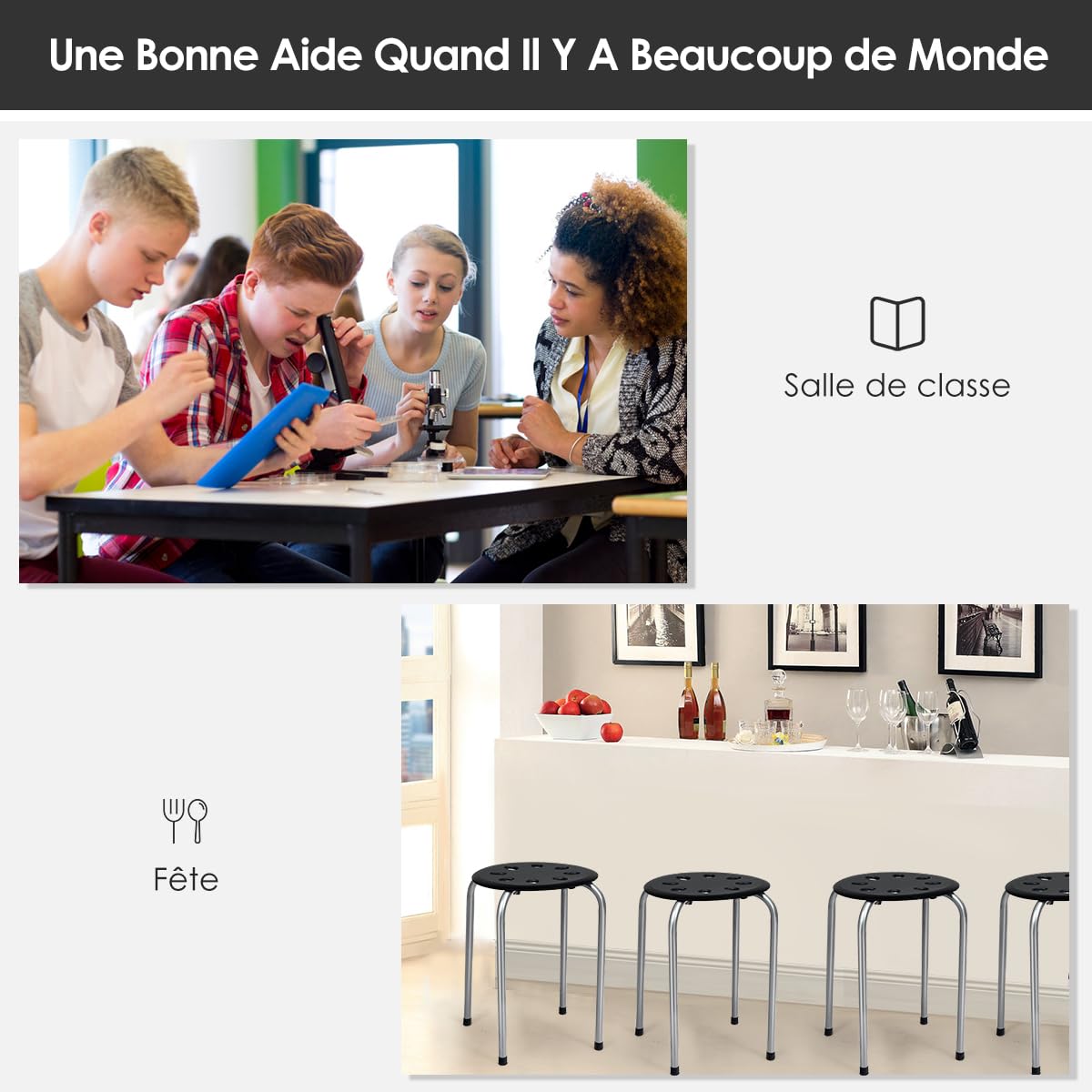 GOPLUS Lot de 6 Tabourets Empilables, Tabourets Légers sans Dossier avec Cadre en Métal Et Siège en Plastique, Tabourets Ronds Polyvalents, Noir/Couleurs Assorties/Noir + Gris (Gris Foncé)