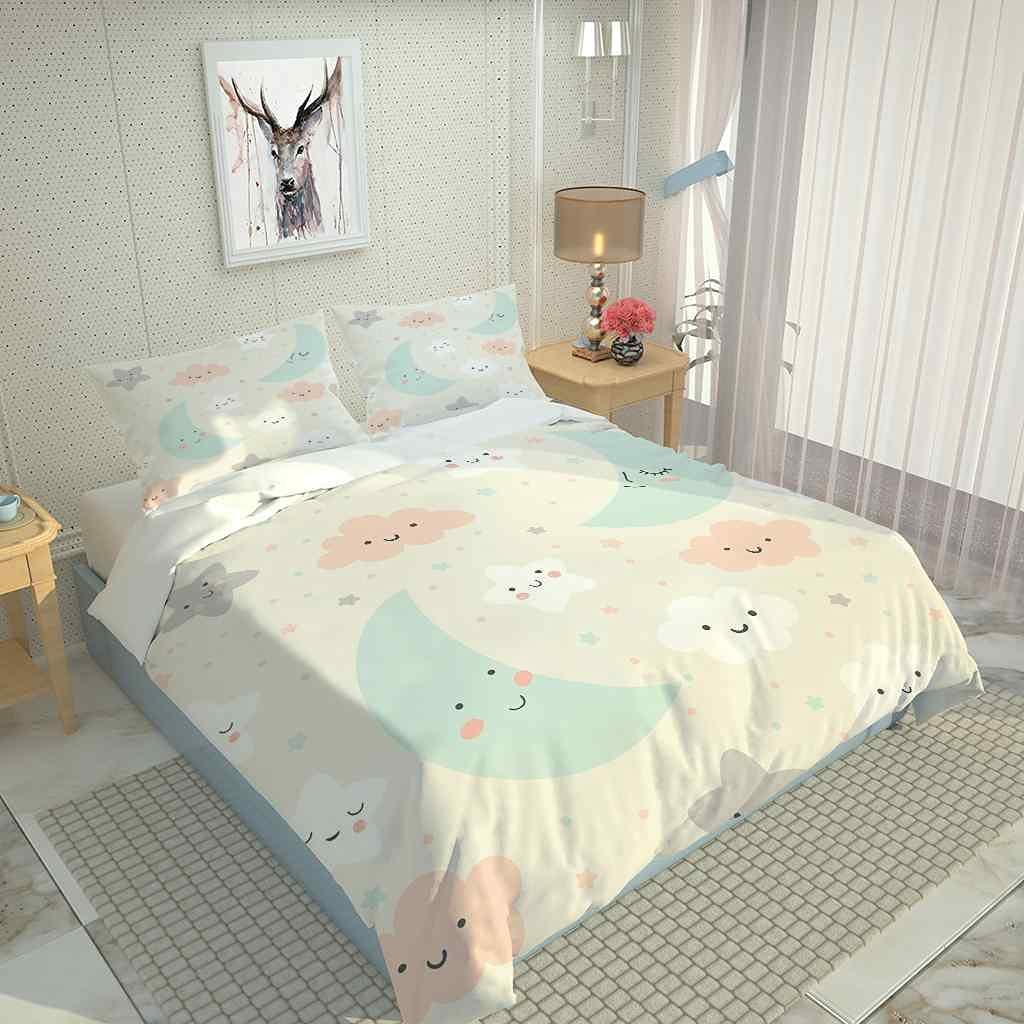 Fundas Nordicas Infantiles Niños Y Niñas Super Suave Comodo Impresión Luna De Nubes Rosadas Ropa De Cama Incluye 1 Funda De Edredón Y 2 Fundas De Almohada 155x220cm (para Cama 90/105)