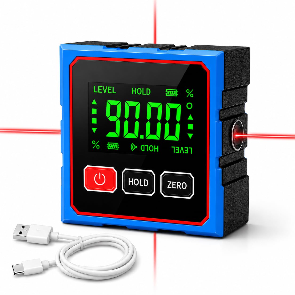 Digitale Wasserwaage mit Kreuzlinien-Ausrichtung, 4-seitig Magnetischer Digitaler Winkelmesser, USB-C Wiederaufladbar, LCD Display Präzisionsmessgerät für Holzbearbeitung, Montage & Bau