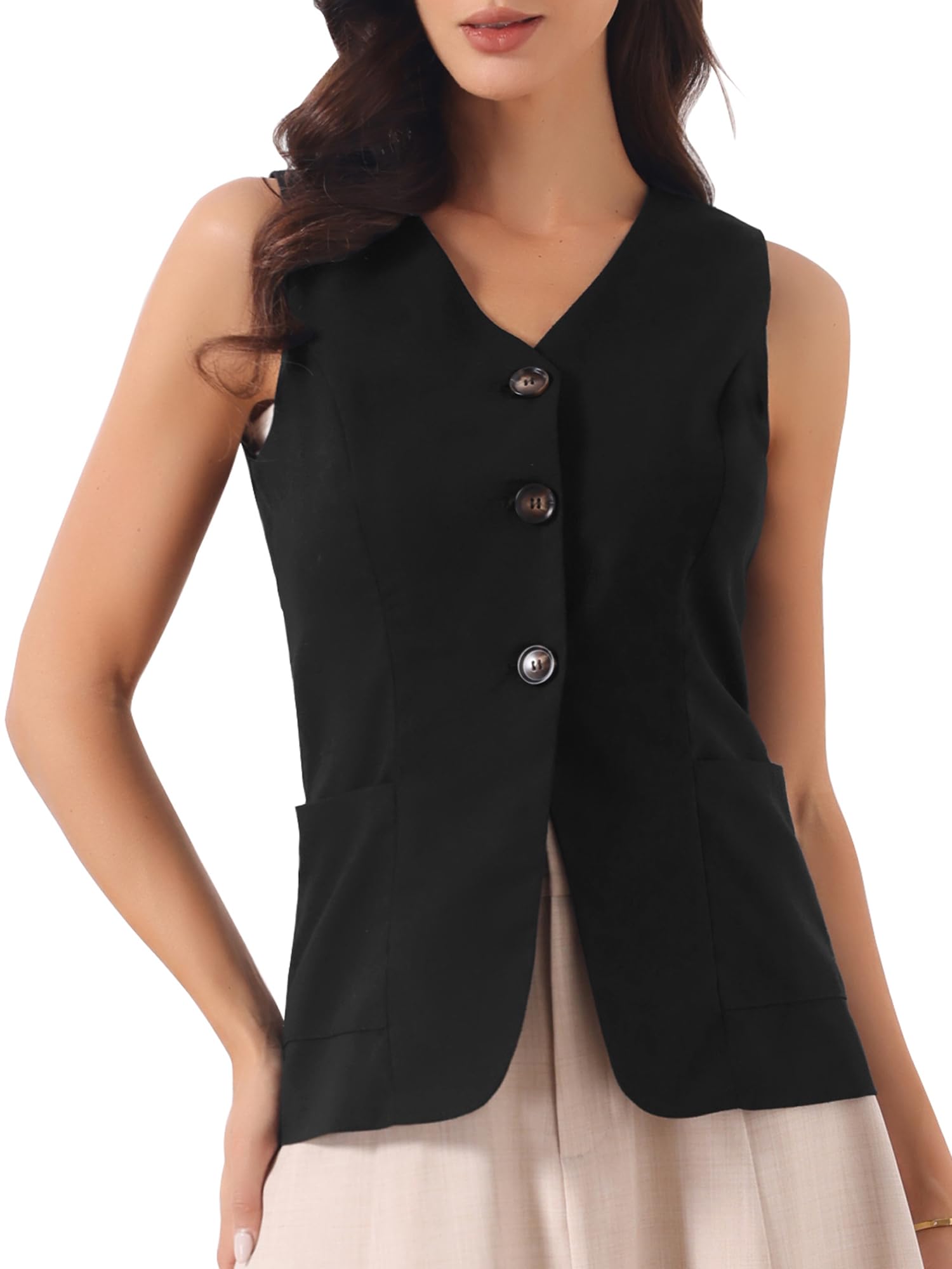 Allegra K Damen Weste Ärmellos Baumwolle Sommer Knopfleiste V-Ausschnitt Blazer Top