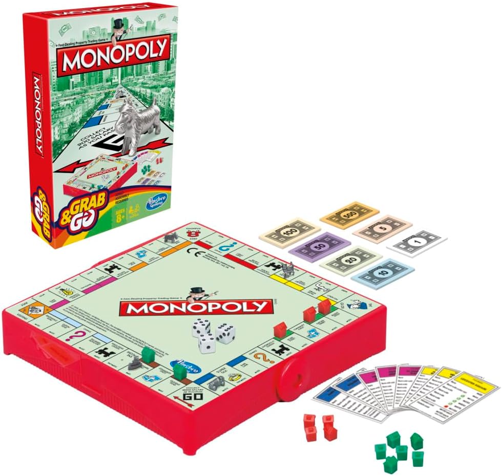 Monopoly Grab and Go Game for Kids Ages 8 and Up, Portable Game for 2-4 Players, Travel Game for Kids
