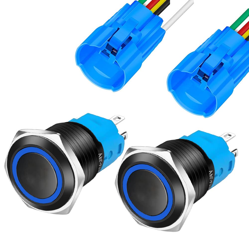 Interruttore A Pulsante Momentaneo 16mm 12-24V - Impermeabile IP66, 1NO 1NC, Con LED E Cavi, Per Auto, Barca, Camper
