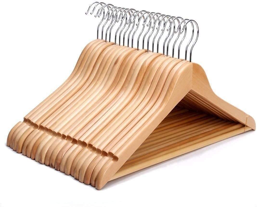 BARGAIN FACTORY Hangers - Strong Natural Wooden Coat 360 Degree Rotatory Hook - Round Trouser Bar & Shoulder Notches - Durable – Cost- effective - Coat, Jacket, Suit, Jumper Space Saver (Packof60)