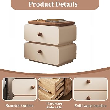 Wood Bedside Table, Mid Century Modern Night Stands with 2 Drawers and Silent slides, Fully Assembled, Side Table Storage Cabinet with Rounded handles for Bedroom, Living Room(50cm)