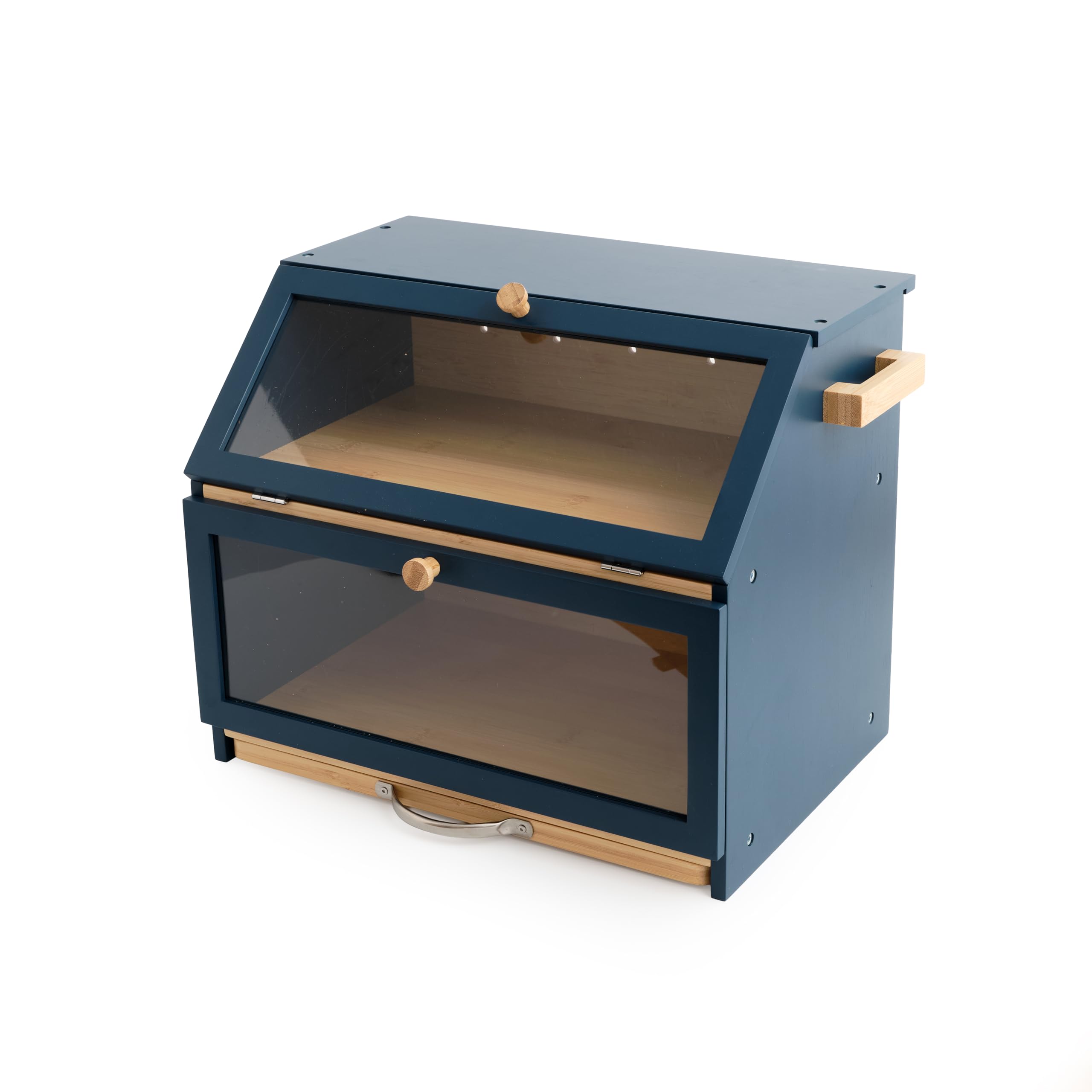 3-in-1 Bamboo Bread Bin 2-Tier Bread Box With Cutting Board And Knife Holder Naturally Antibacterial Sustainable Eco Friendly Storage Box Organic Premium Kitchen Organiser Double Decker (Blue/Natural)