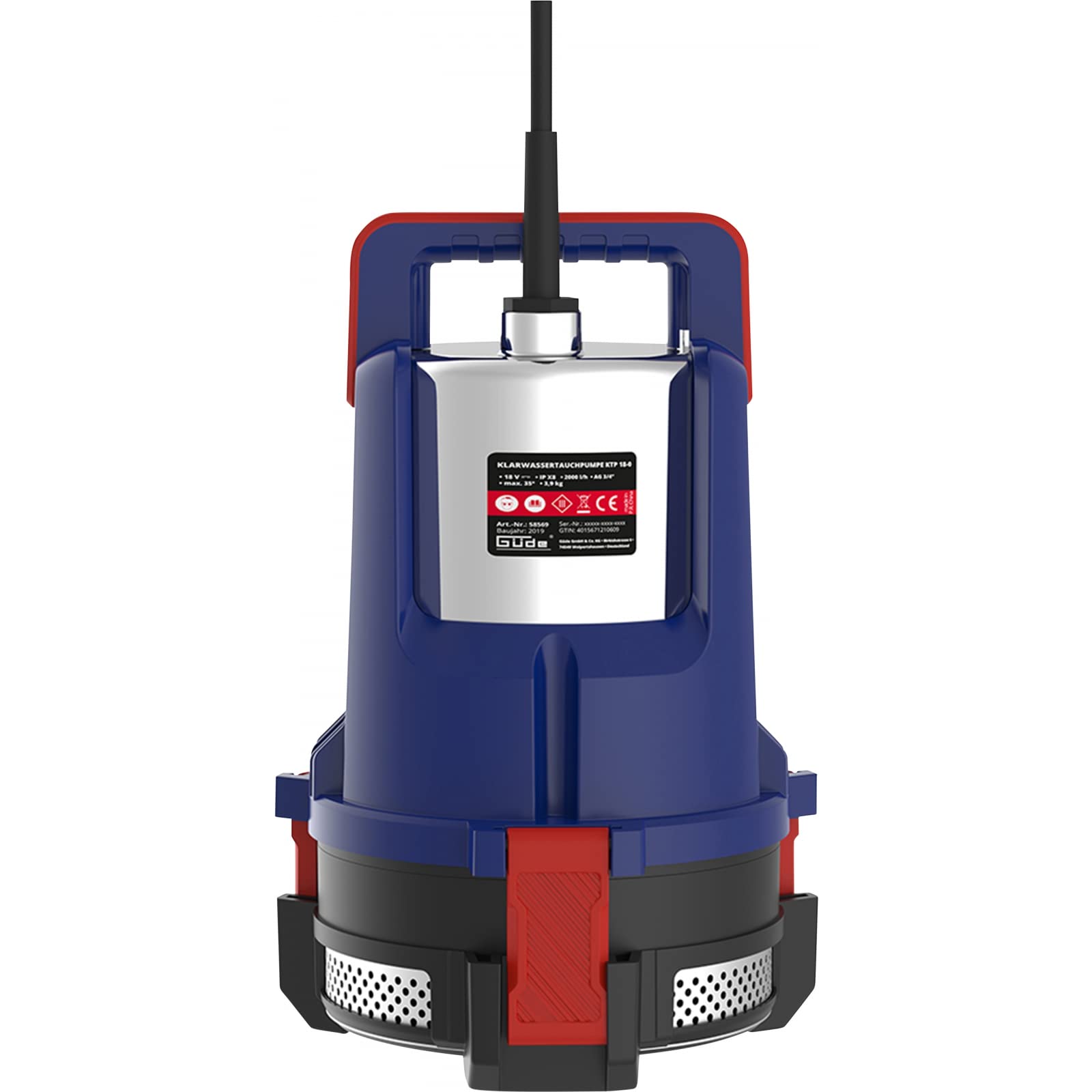 Güde 58568 Akku Klarwassertauchpumpe KTP 18-201-23, 2000 l/h, 2,0 Ah, 7 m Förderhöe