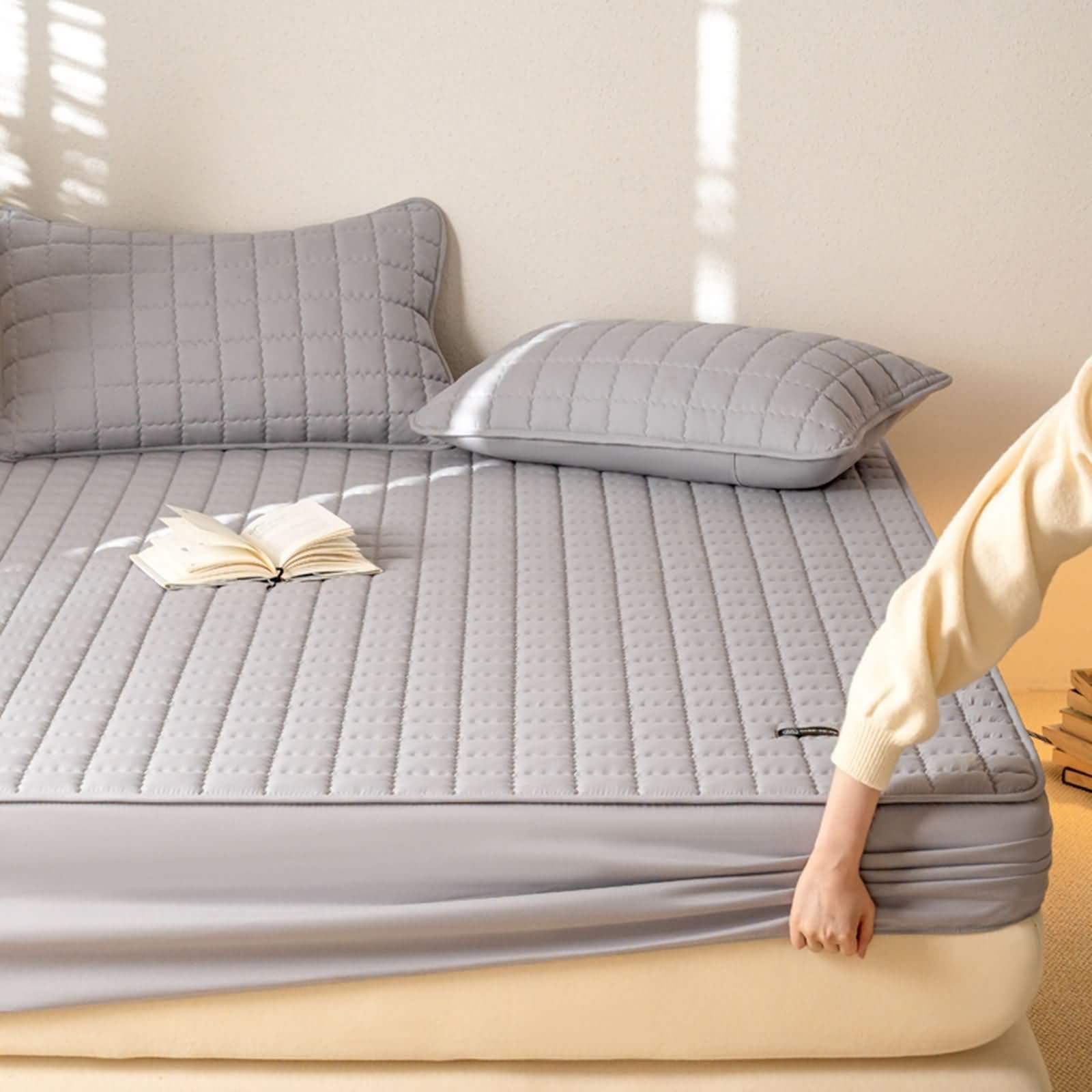 Spannbettlaken Polyester Baumwolle, Einfarbige Farbe mit Kariertem Muster, 120 x 200 cm, Spannbetttuch Grau