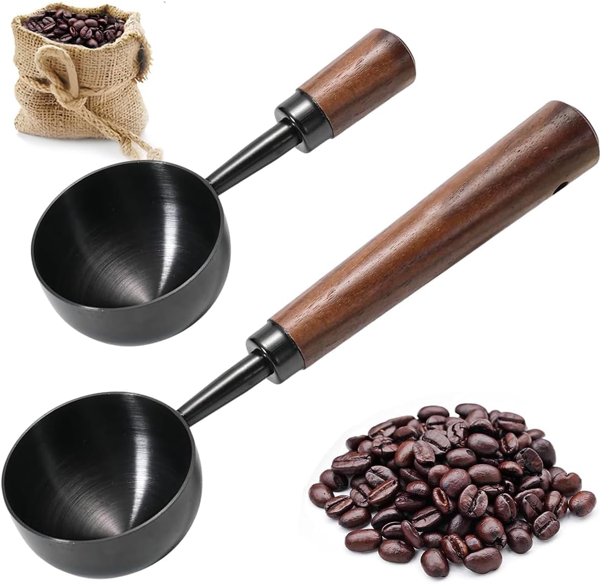 BeanZeek 2Pcs 30ml (2tbsp) Coffee Scoop Vintage Measuring Spoon Retro Stainless Steel Spoon Wooden Handle Kitchen Utensil for Scooping Measuring & Serving Perfect for Coffee Tea and More Black
