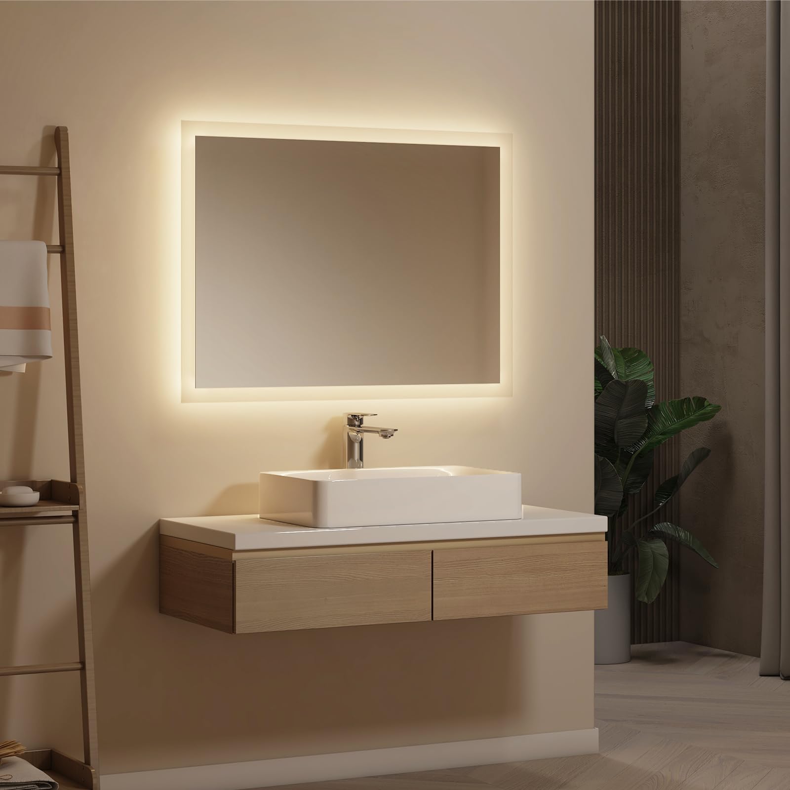 EMKE® Badspiegel mit Beleuchtung 80x60cm Badezimmerspiegel Warmweiß 3000K Wandschalter Vertikal/Horizontal Montage Badezimmer Spiegel mit Beleuchtung IP44 Energiesparend