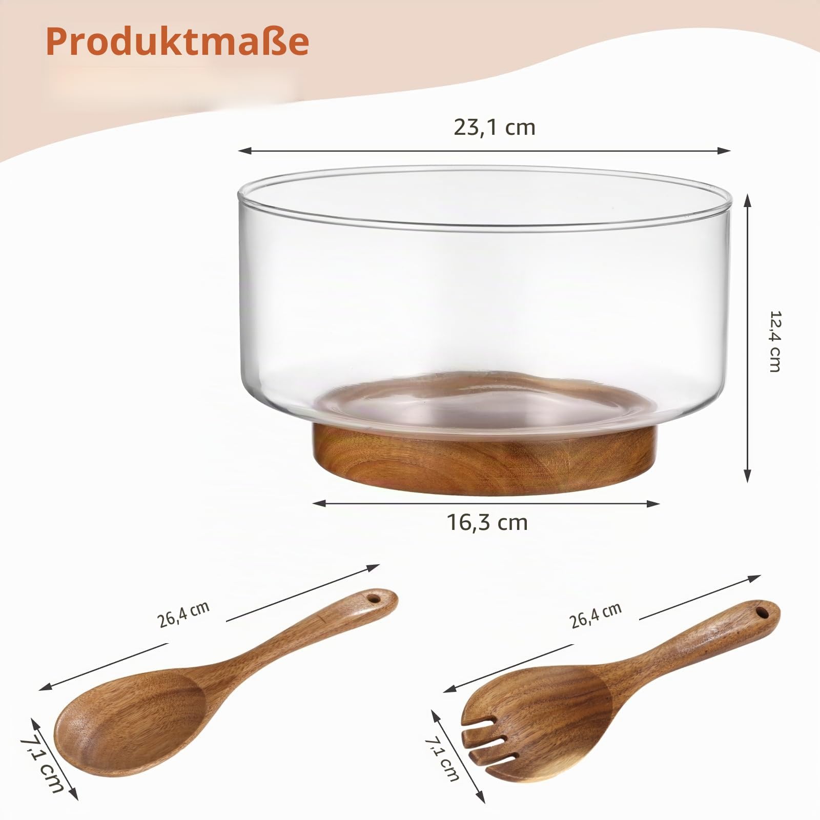 Salatschüssel aus Glas mit Holzboden und Servierutensilien, große Servierschale für Partys, Obst, Snacks und mehr