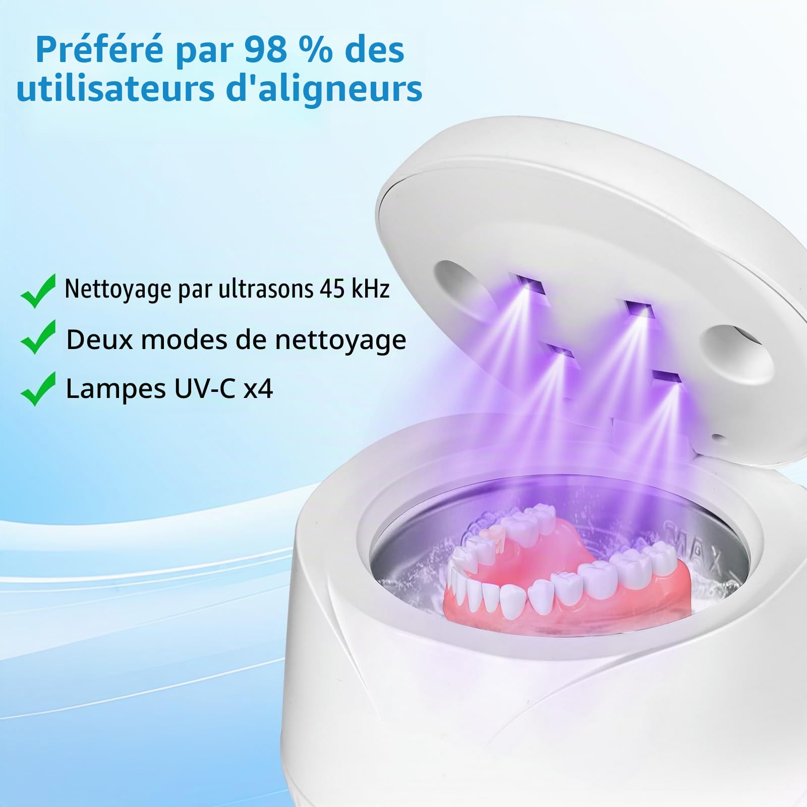 Nettoyeur Ultrasonique Dentaire avec UV, Vanakrr 45000Hz 25W Portable Pod Dentaire pour Gouttières, Prothèses, Attelles et Aligneurs - 4 Lampes UV-C, 200ml, Blanc