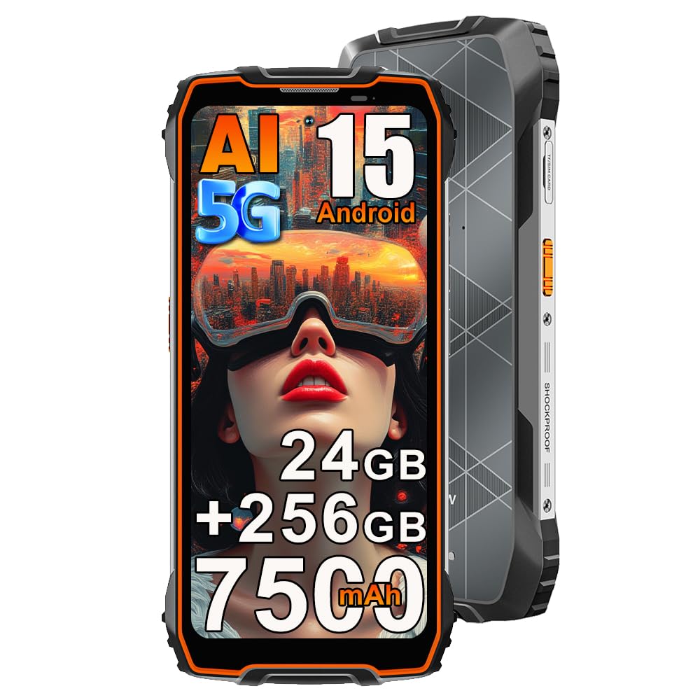 Blackview 5G Téléphone Portable Incassable, 24Go+256Go/2To Telephone AI Android 15, 6.78" FHD+, 50MP AI Caméra, 7500mAh Smartphone Incassable Etanche, 4G&5G,NFC,OTG,GPS,Gemini AI 2.0, Orange