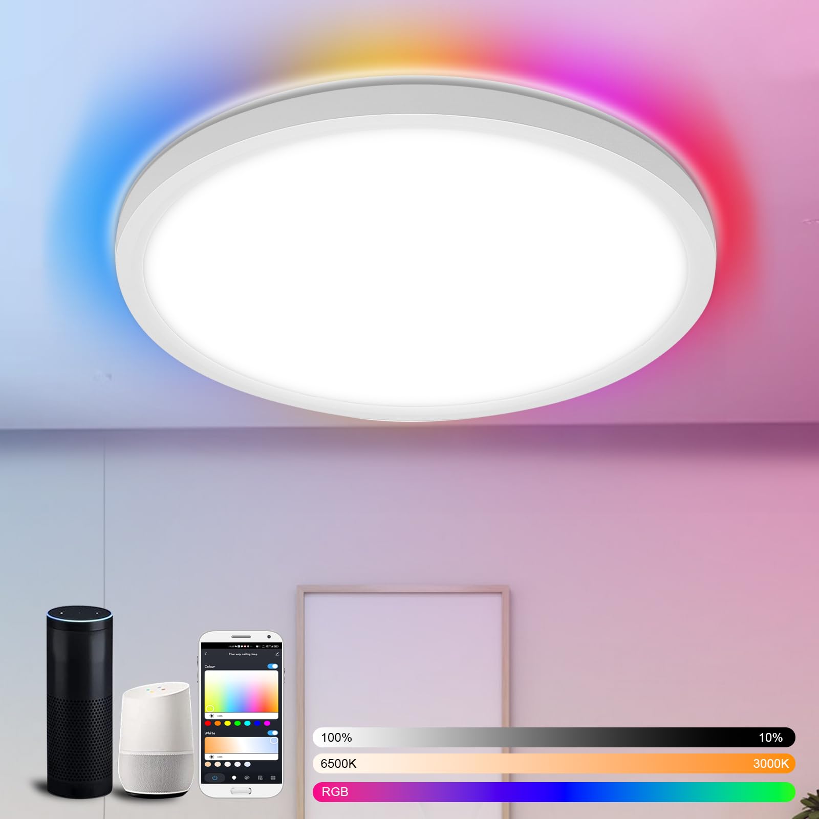 Neoglint Lámpara de Techo LED Ø30 cm Compatible con Alexa/Google Home, Regulable 24W 2400 lm, RGB+CCT, Función de Memoria, IP54, WIFI/Bluetooth, App, Plafon RGB Techo para Cocina, Baño, Oficina
