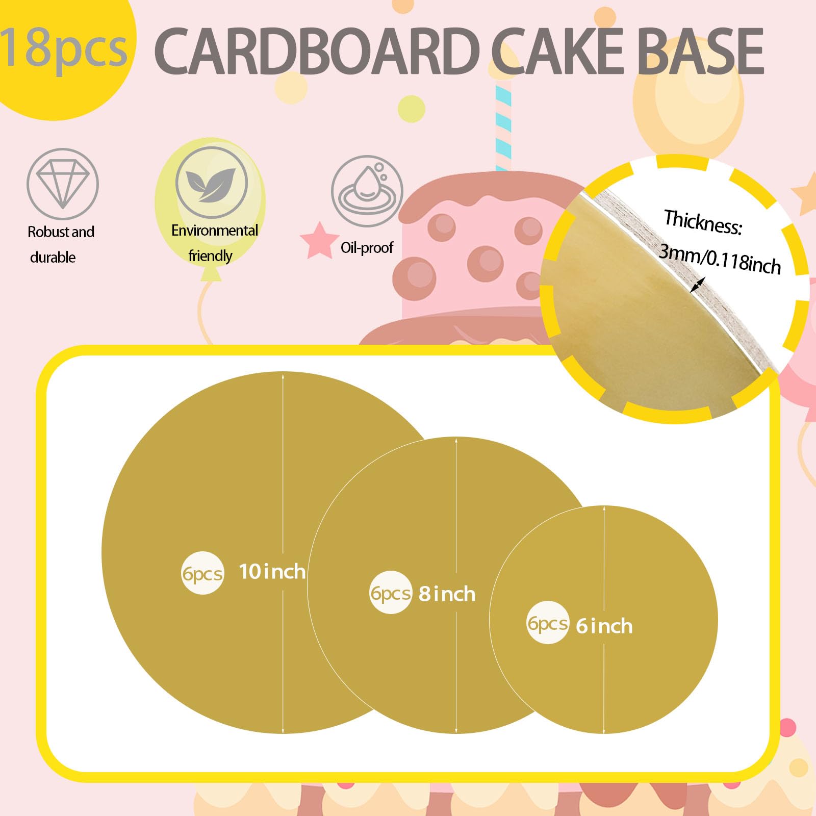 PQZCLDP - 18 tablas redondas de cartón de tamaño mixto de oro de 6, 8 y 10 pulgadas, platos desechables para tartas, bandeja de base para tartas para decoración de pasteles, PQ153