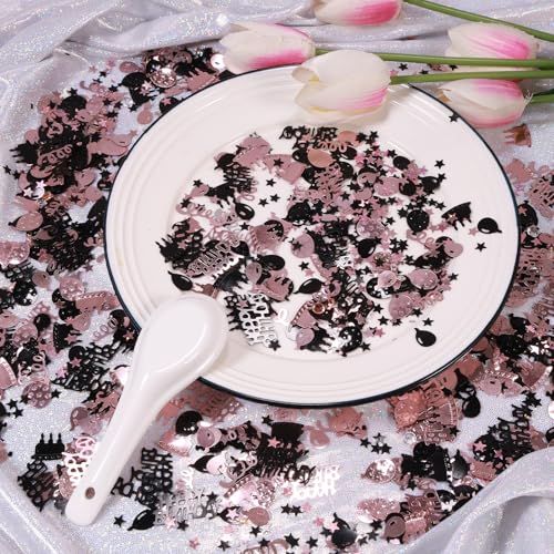 Image of Rose Gold and Black Happy Birthday Confetti, 3000 Pcs Birthday Cake Table Metallic Foil Confetti Party Table Decor for Party, Baby Shower, DIY Arts and Crafting