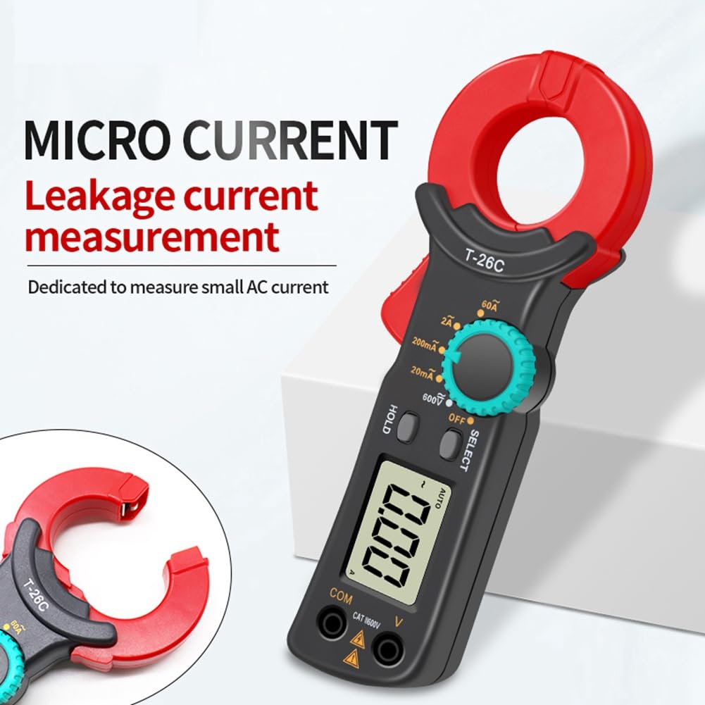 Amperímetro de Pinza Digital T-26C, Prueba de Corriente de Fuga 20 mA a 60 A, Rango Automático