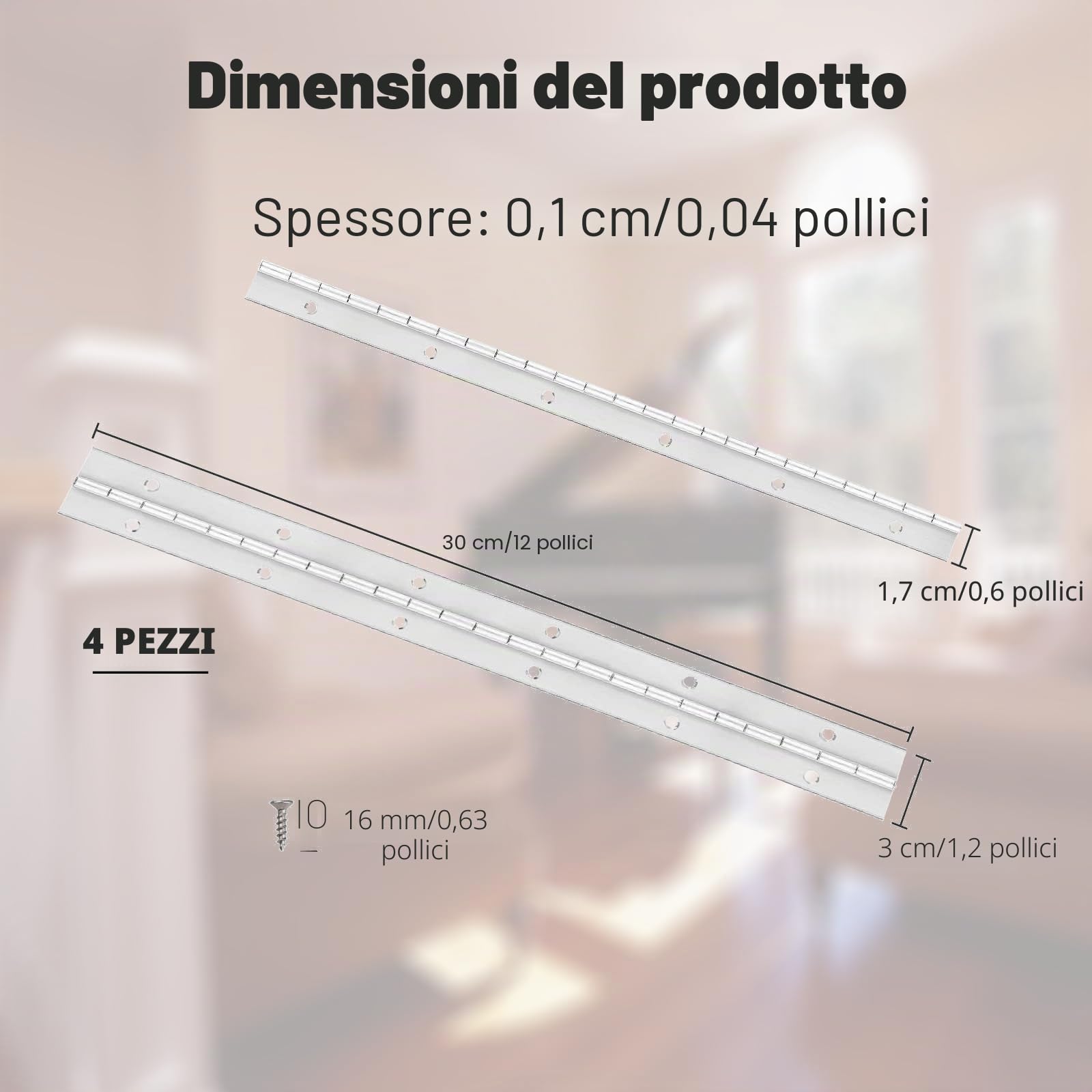 Cerniera per Pianoforte in Acciaio Inossidabile 4 Pezzi Cromata Lunga per Mobili