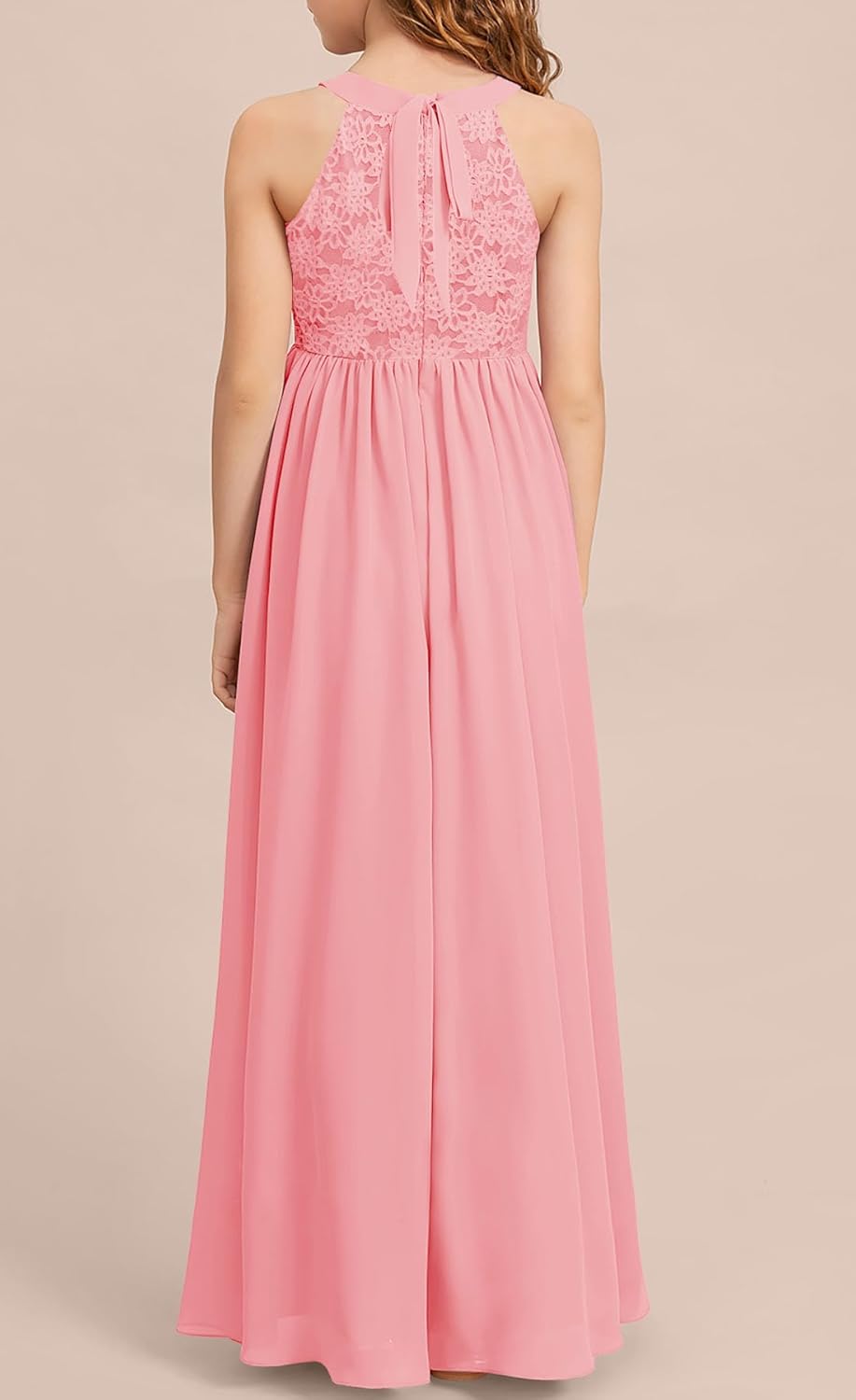 HOSIKA Girls Halter Neck Sleeveless Elegant Lace Chiffon A-line Long Flower Girl Dress for Wedding Party 6-12 Y - Image 4